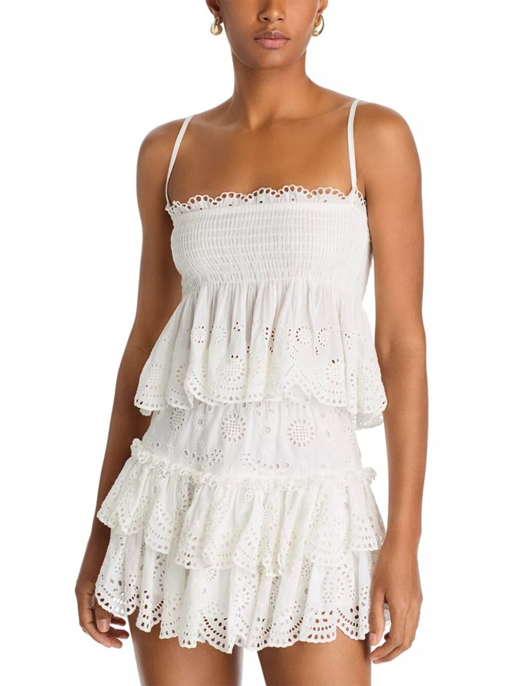 LOVESHACKFANCY White Cotton CONDIE Embroidered Smocked Ruffled Cami Top XXS